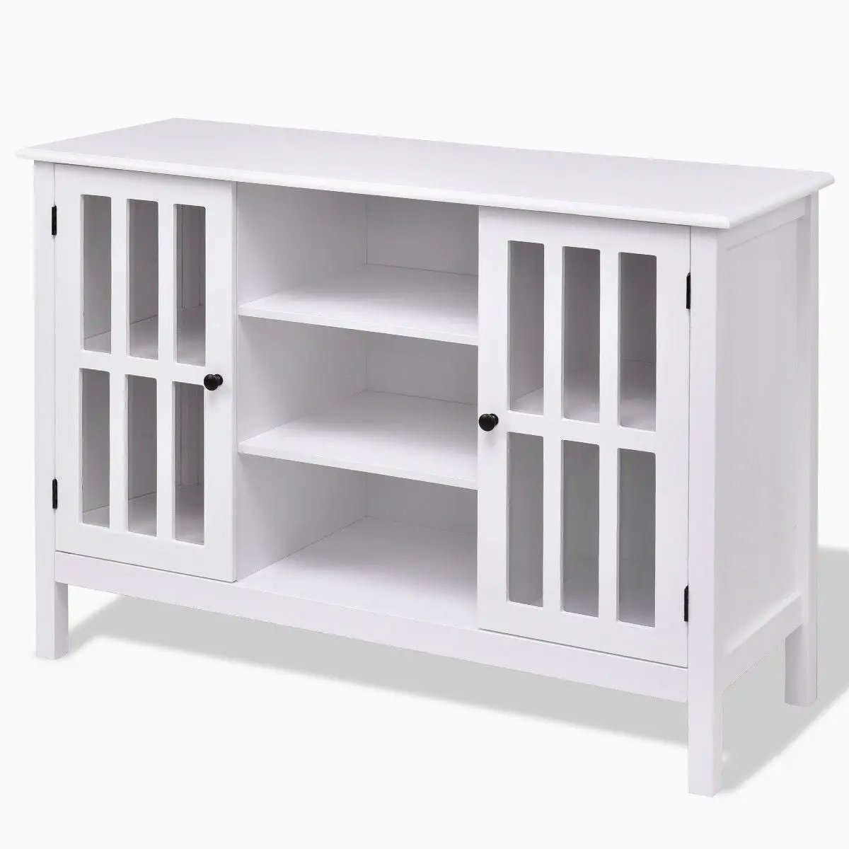 White Wood Sofa Table Console Cabinet with Tempered Glass Panel Doors by HomePacific