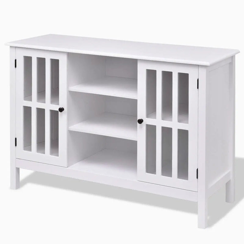 White Wood Sofa Table Console Cabinet with Tempered Glass Panel Doors by HomePacific