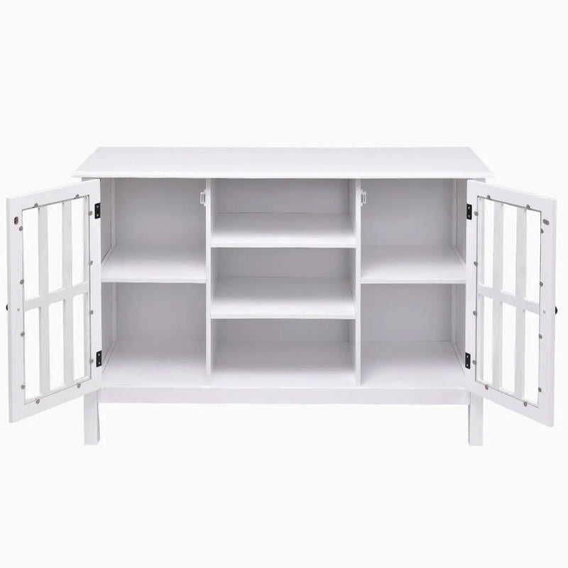 White Wood Sofa Table Console Cabinet with Tempered Glass Panel Doors by HomePacific
