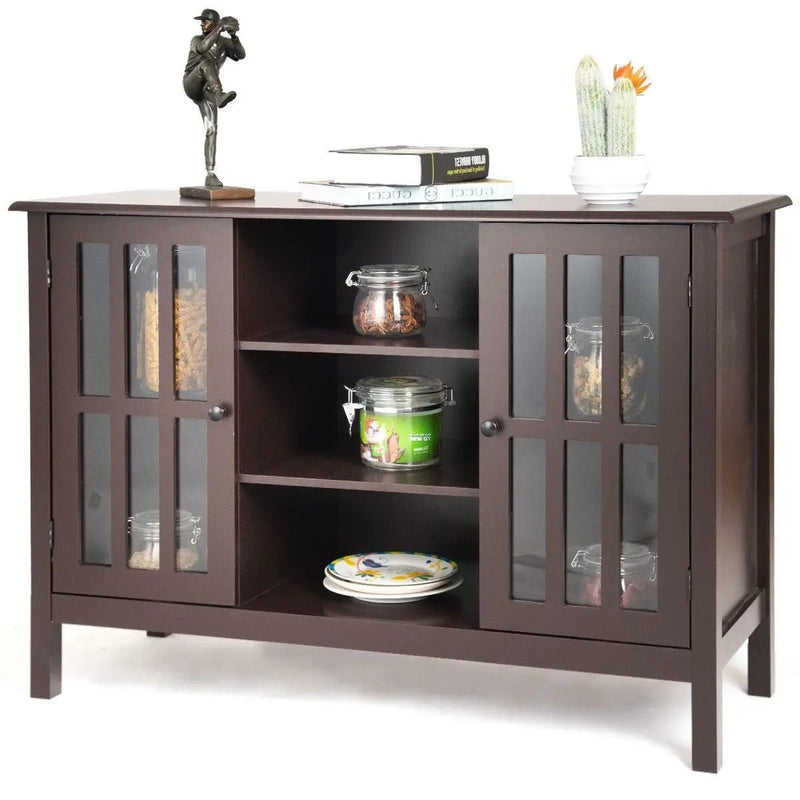Brown Wood Sofa Tale Console Cabinet with Tempered Glass Panel Doors by HomePacific