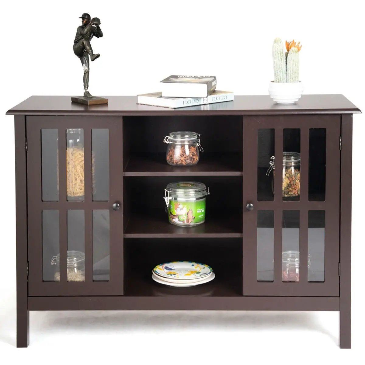 Brown Wood Sofa Tale Console Cabinet with Tempered Glass Panel Doors by HomePacific