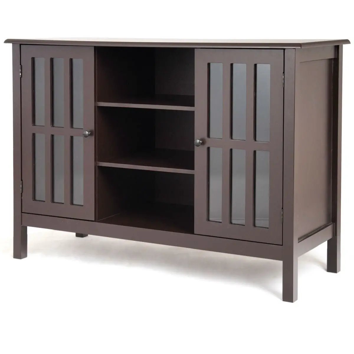 Brown Wood Sofa Tale Console Cabinet with Tempered Glass Panel Doors by HomePacific