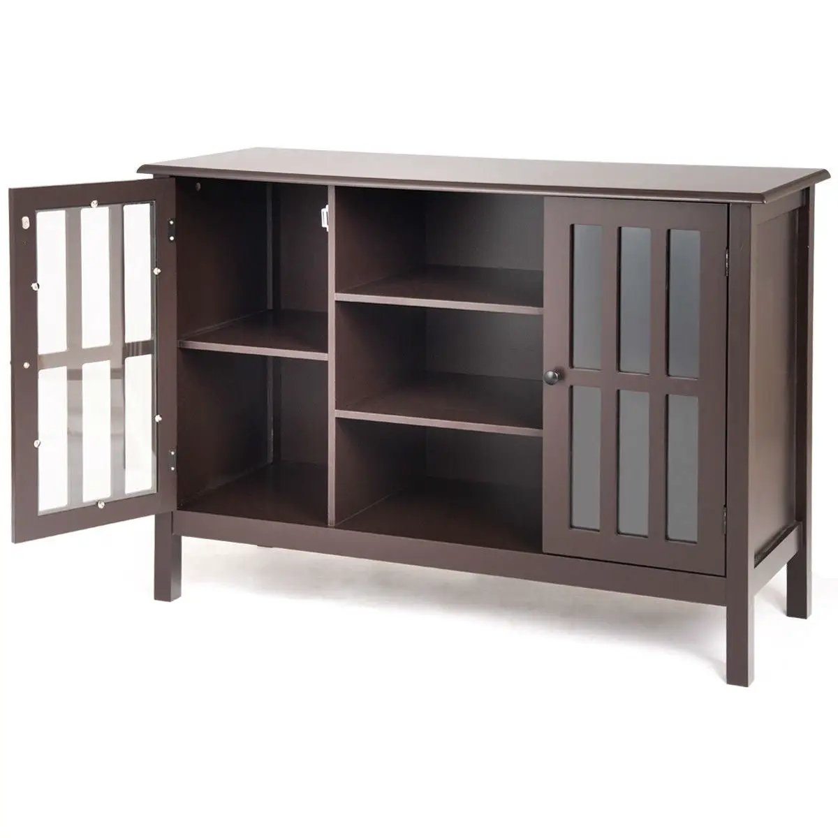 Brown Wood Sofa Tale Console Cabinet with Tempered Glass Panel Doors by HomePacific