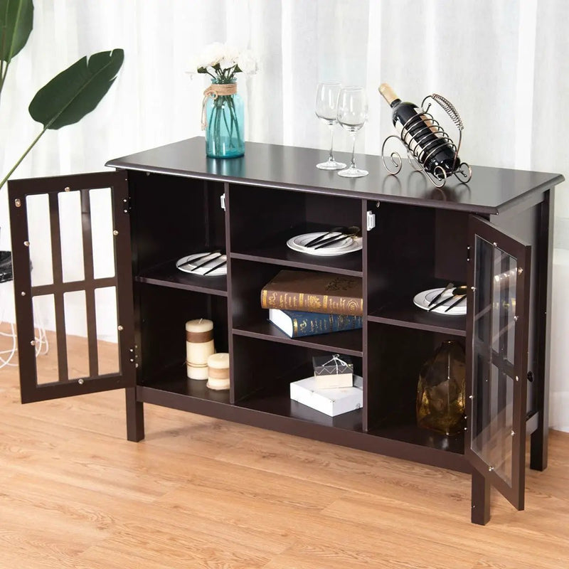 Brown Wood Sofa Tale Console Cabinet with Tempered Glass Panel Doors by HomePacific