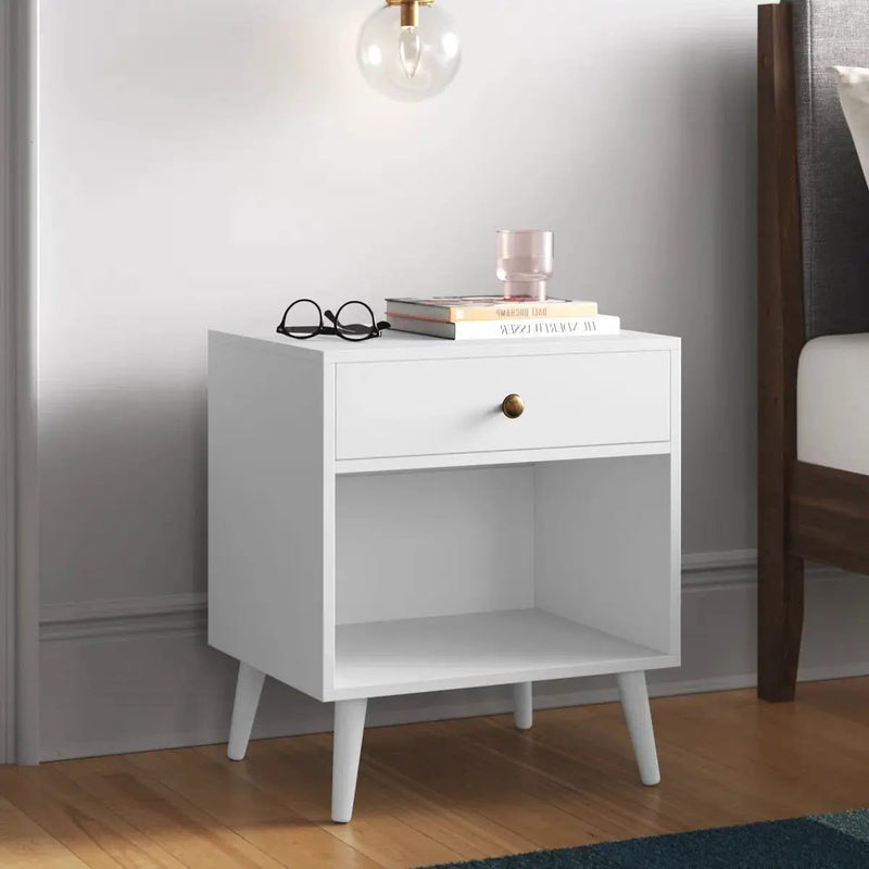 Mid-Century Modern Bedroom 1-Drawer Nightstand End Table in White Wood Finish by HomePacific