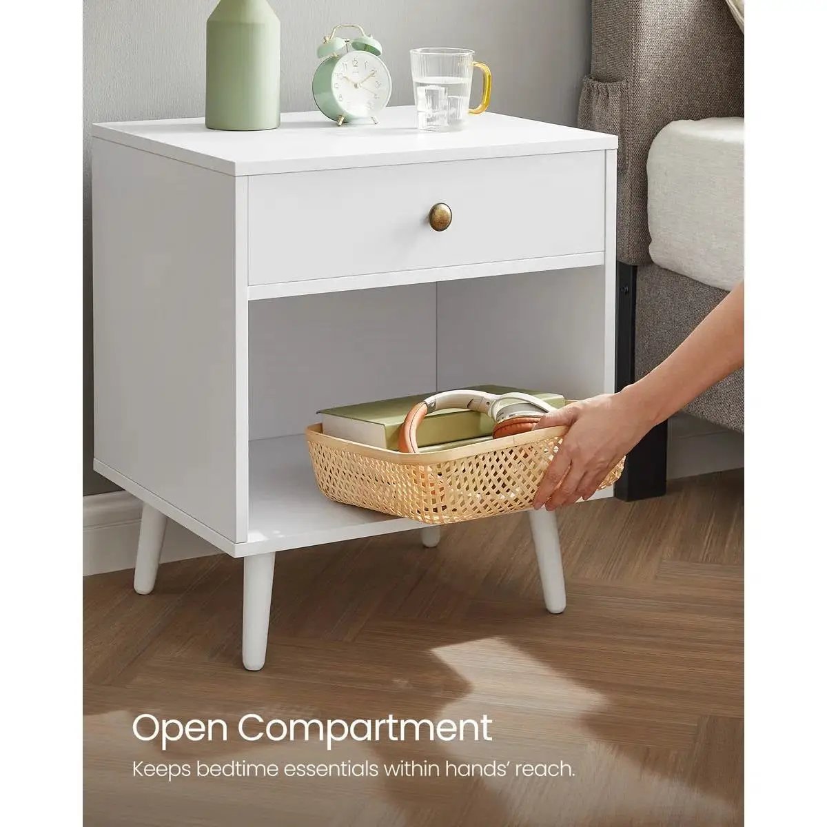 Mid-Century Modern Bedroom 1-Drawer Nightstand End Table in White Wood Finish by HomePacific
