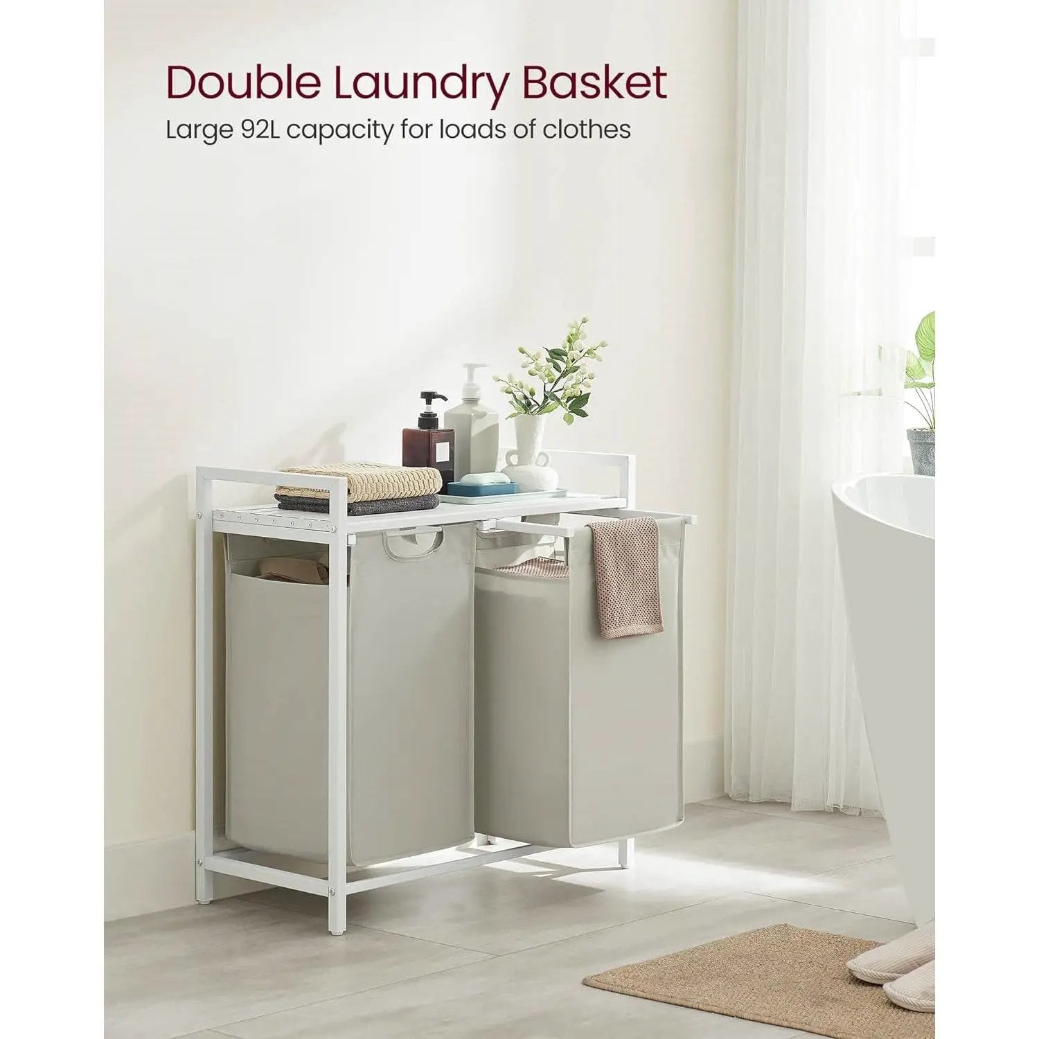 2-Basket Laundry Hamper Sorter White Frame Removable Bags and Top Storage Shelf by HomePacific