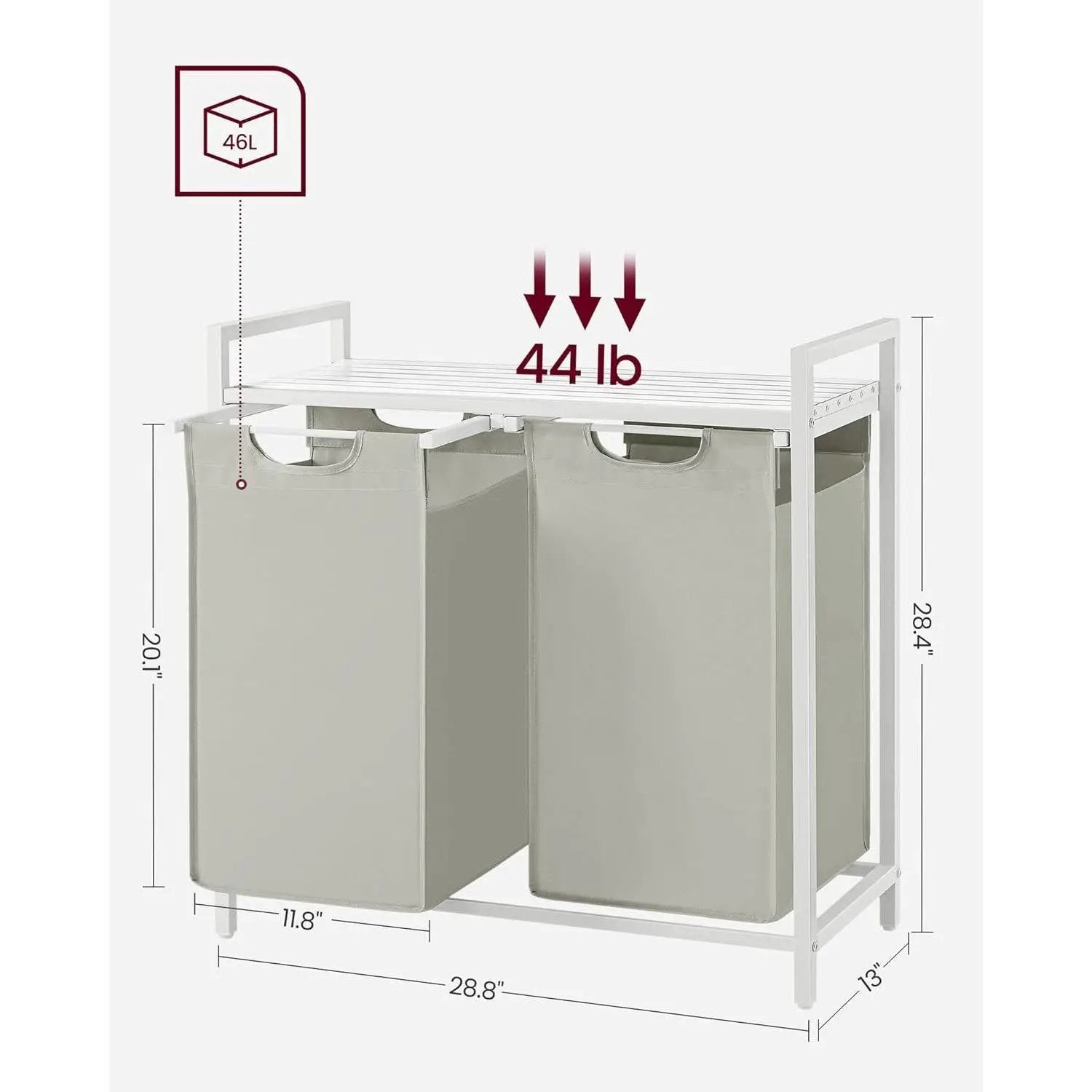 2-Basket Laundry Hamper Sorter White Frame Removable Bags and Top Storage Shelf by HomePacific