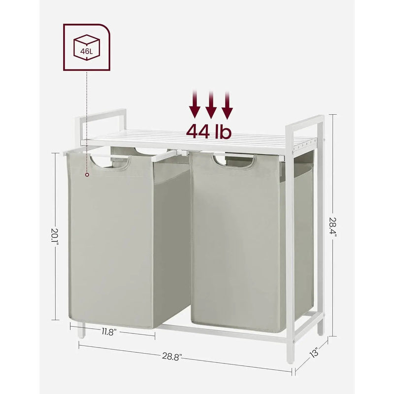 2-Basket Laundry Hamper Sorter White Frame Removable Bags and Top Storage Shelf by HomePacific