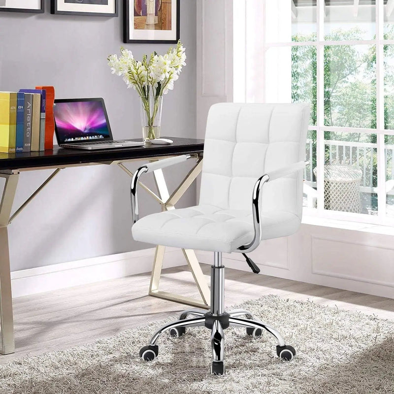 White Modern Faux Leather Mid-Back Swivel Office Chair with Armrests and Wheels by HomePacific