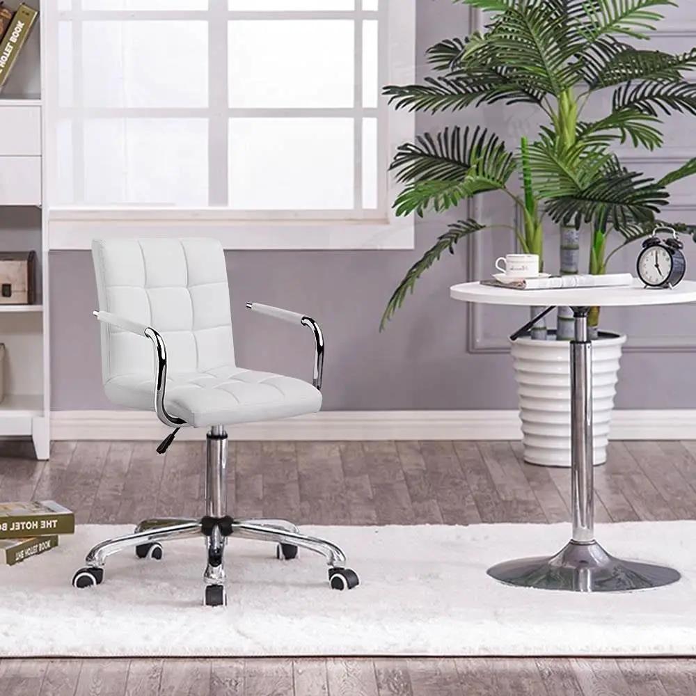 White Modern Faux Leather Mid-Back Swivel Office Chair with Armrests and Wheels by HomePacific