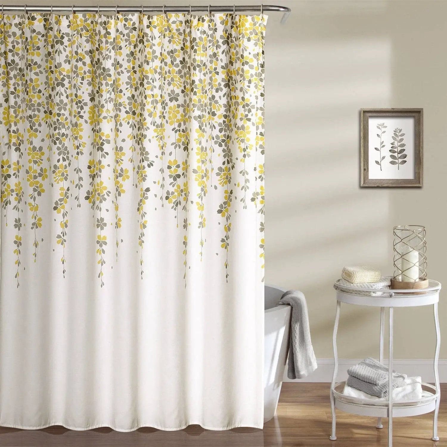 72-inch Off-White Beige Cream Yellow Grey Floral Vines Flowers Shower Curtain by HomePacific