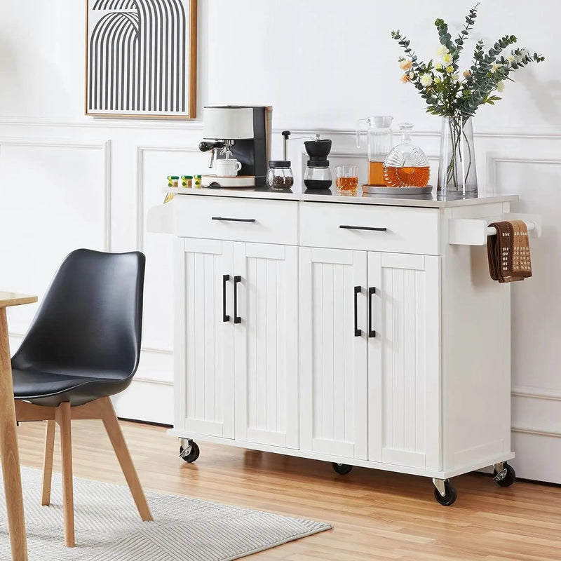 White Kitchen Cart Island with Stainless Steel Top 2 Drawers and Cabinet by HomePacific