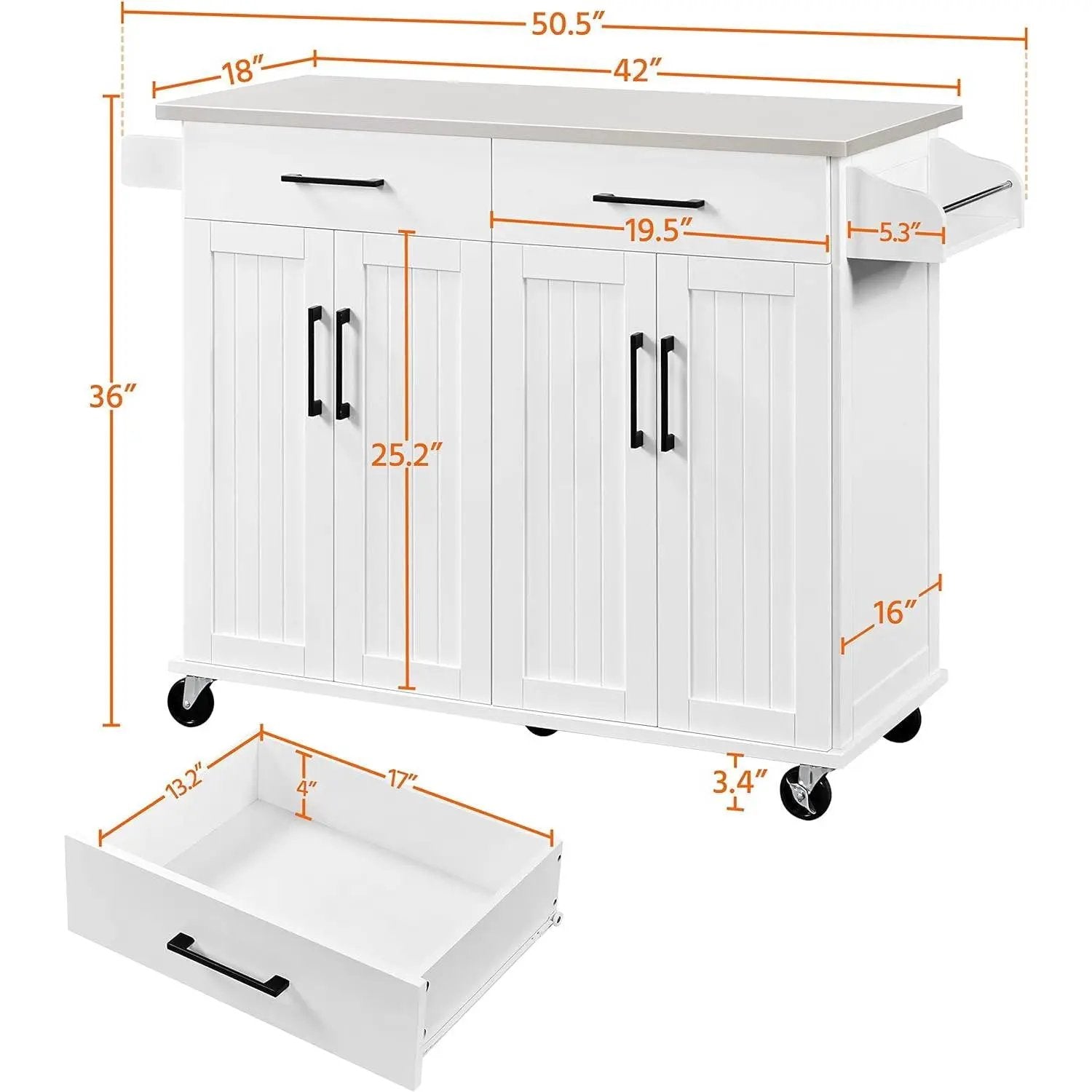 White Kitchen Cart Island with Stainless Steel Top 2 Drawers and Cabinet by HomePacific