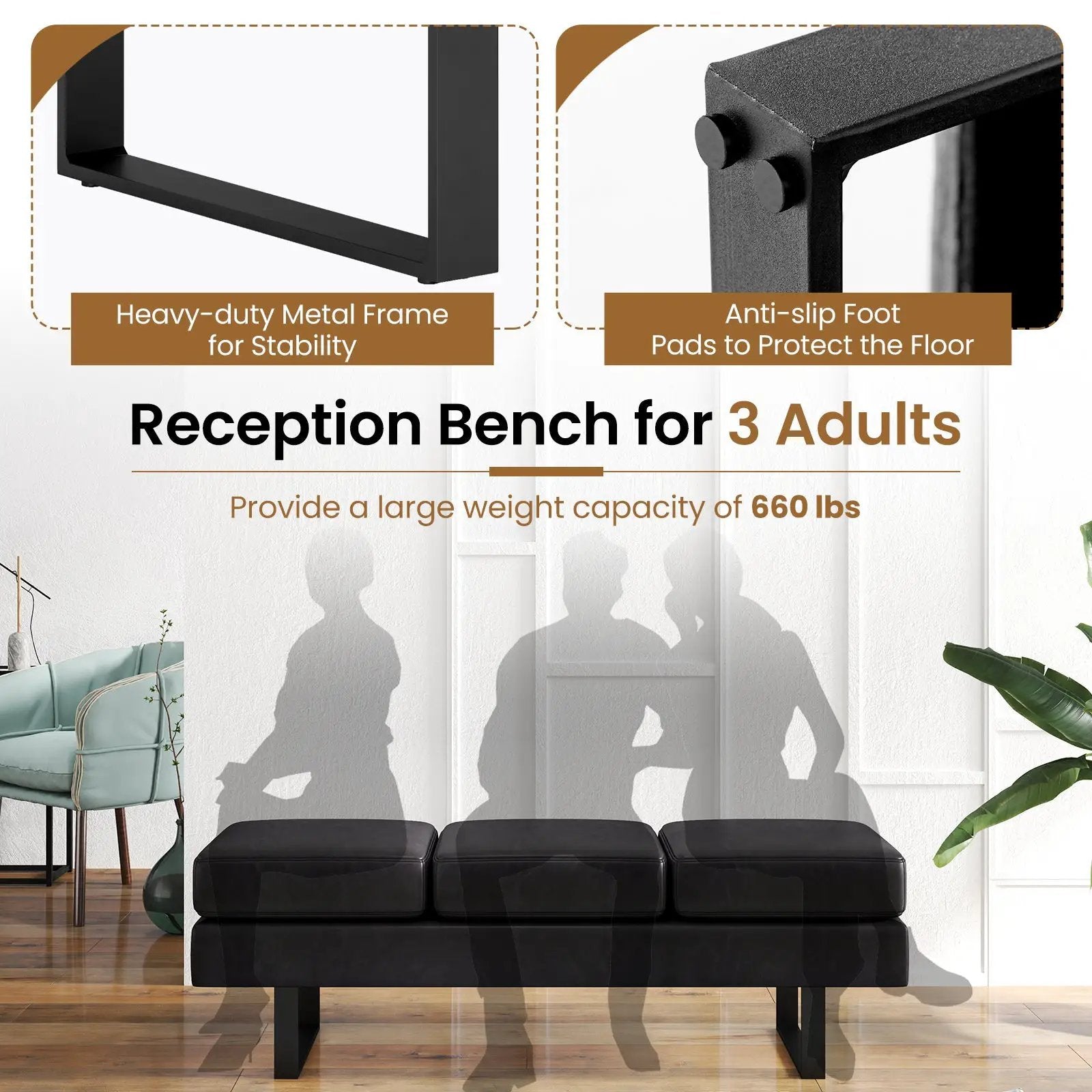Waiting Room Bench Seating Long Bench with Metal Frame Leg by DirectDeals