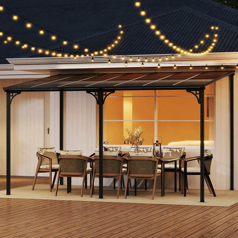 Wall-Mounted Patio Gazebo Large Outdoor Hardtop Pergola with Sloped Polycarbonate Roof-Black by DirectDeals