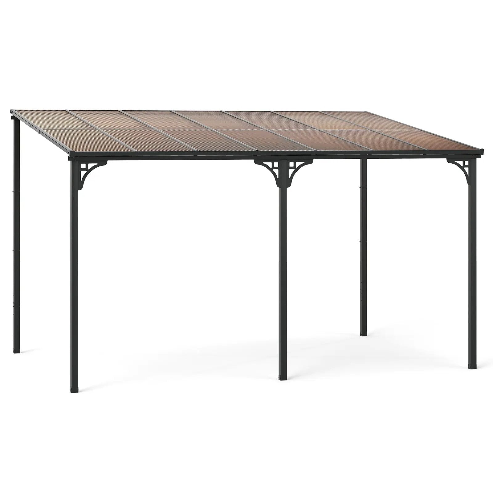 Wall-Mounted Patio Gazebo Large Outdoor Hardtop Pergola with Sloped Polycarbonate Roof-Black by DirectDeals