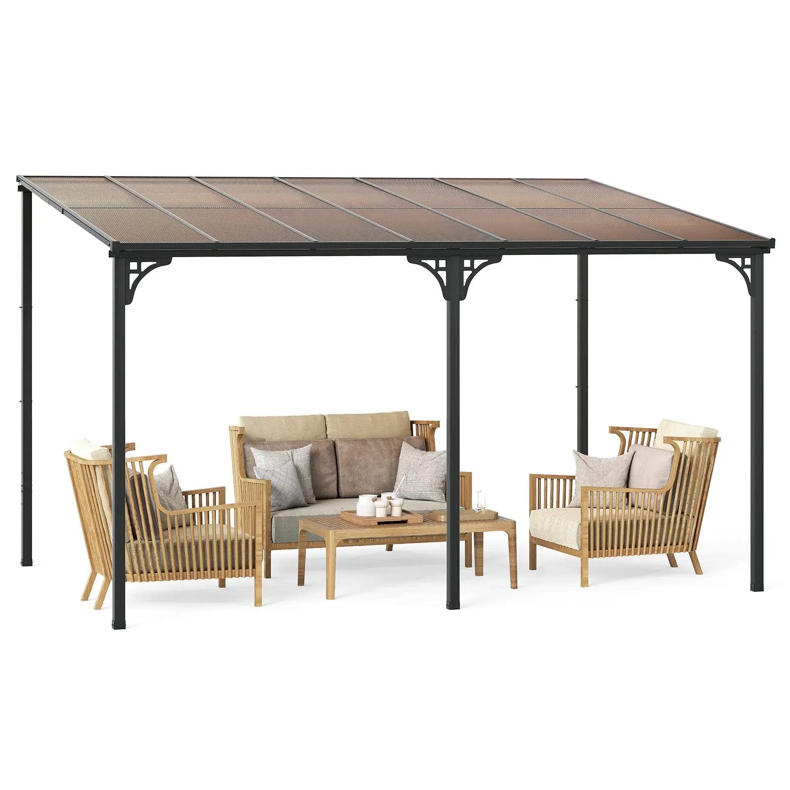 Wall-Mounted Patio Gazebo Large Outdoor Hardtop Pergola with Sloped Polycarbonate Roof-Black by DirectDeals