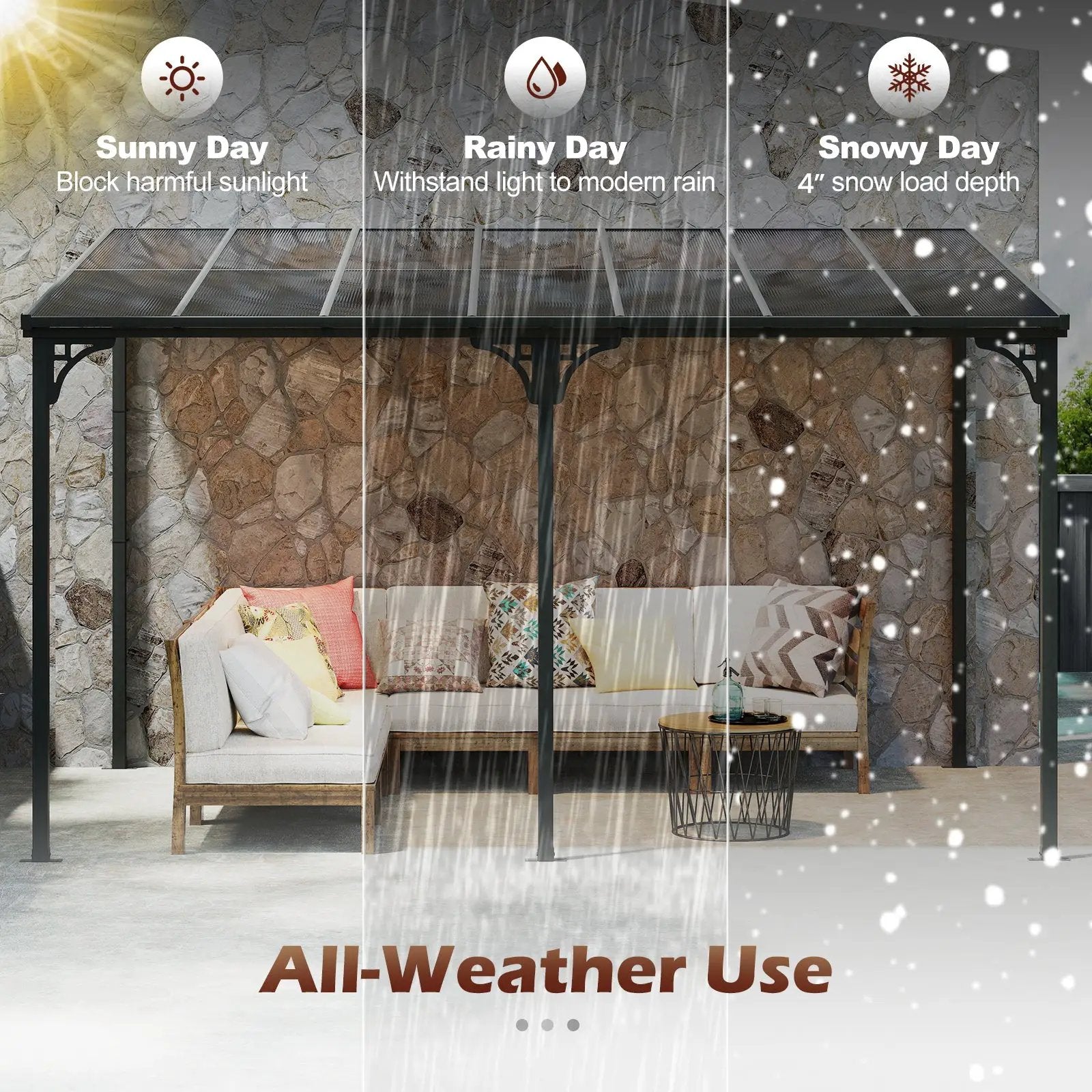 Wall-Mounted Patio Gazebo Large Outdoor Hardtop Pergola with Sloped Polycarbonate Roof-Black by DirectDeals