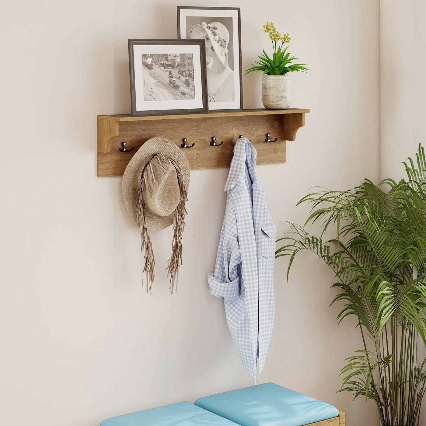 Wall Hooks with Shelf 31.5inch Wooden Coat Rack with 6 Hooks for Hats Towels Purses Robes by DirectDeals