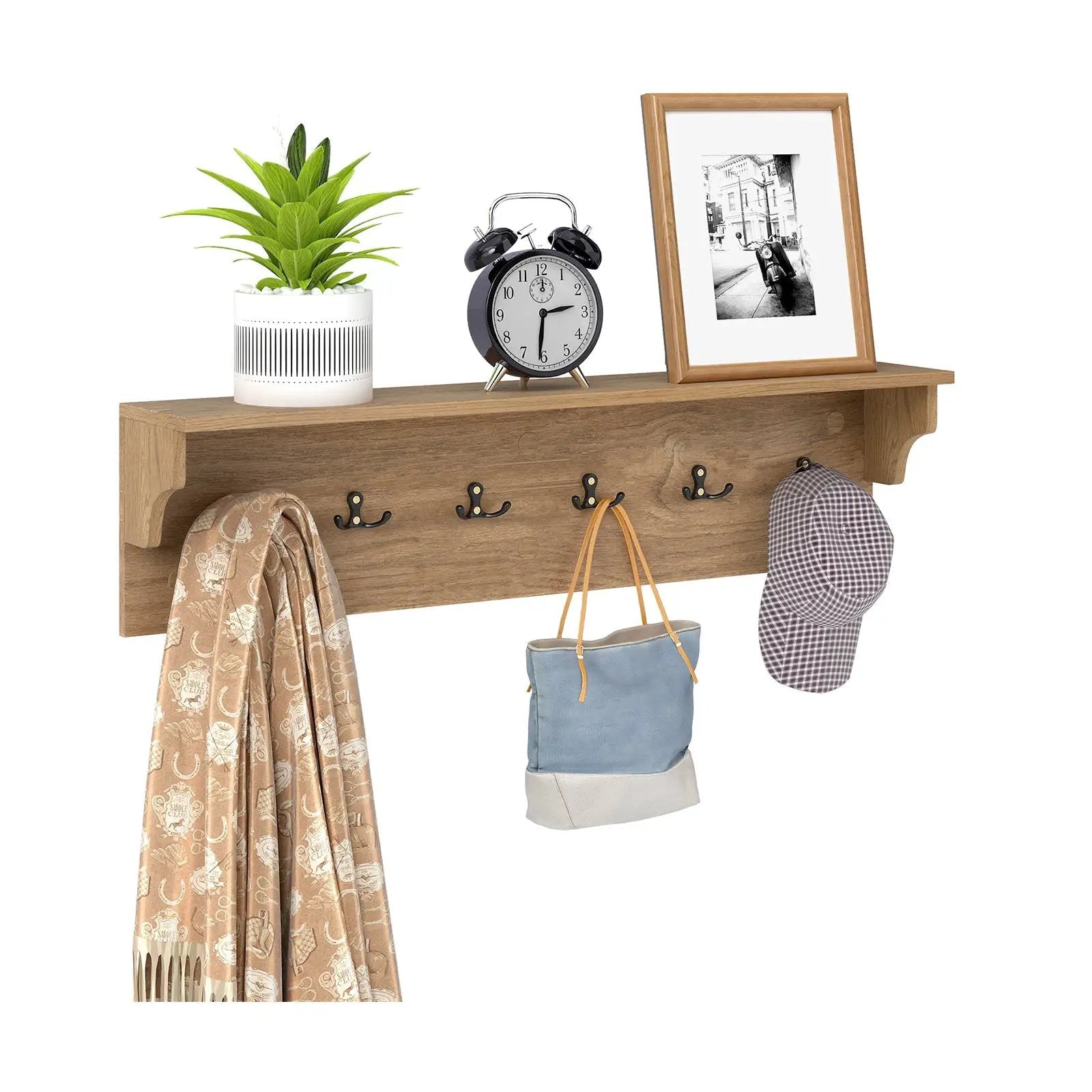 Wall Hooks with Shelf 31.5inch Wooden Coat Rack with 6 Hooks for Hats Towels Purses Robes by DirectDeals