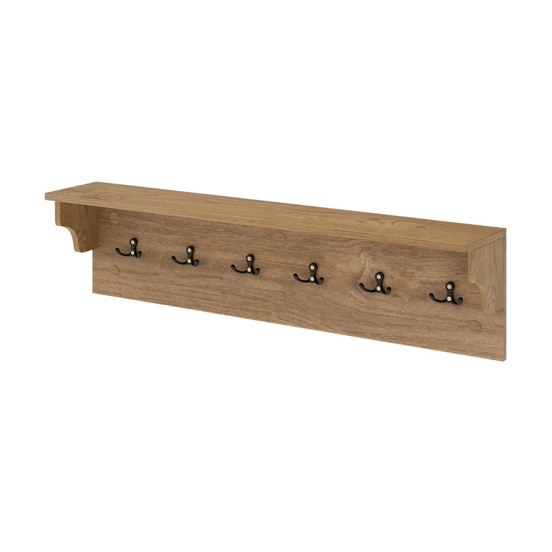 Wall Hooks with Shelf 31.5inch Wooden Coat Rack with 6 Hooks for Hats Towels Purses Robes by DirectDeals