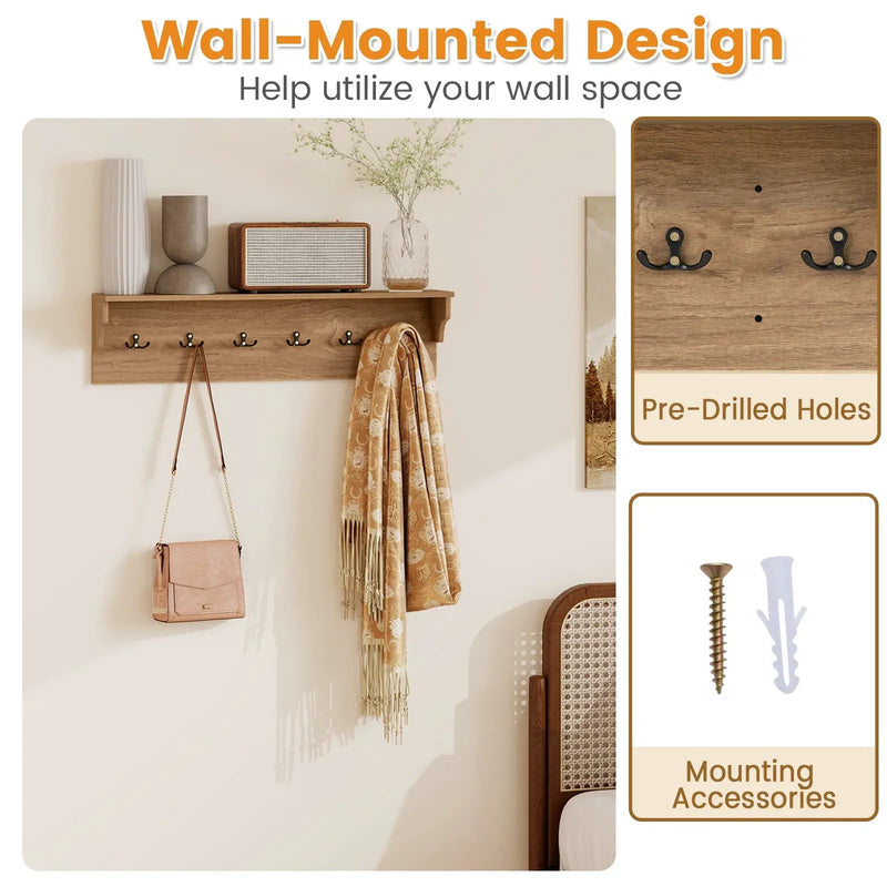 Wall Hooks with Shelf 31.5inch Wooden Coat Rack with 6 Hooks for Hats Towels Purses Robes by DirectDeals
