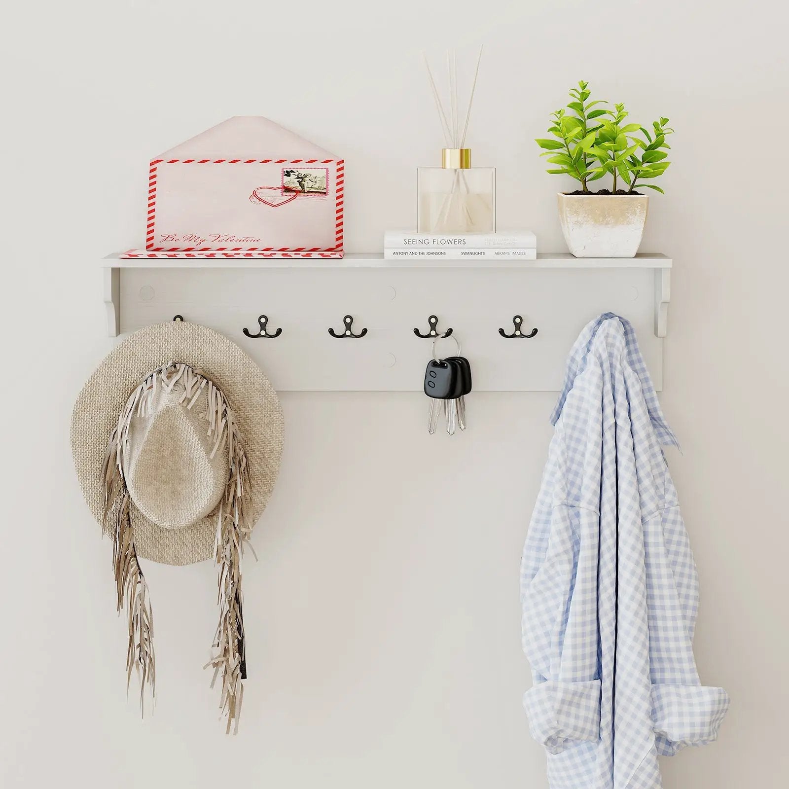 Wall Hooks with Shelf 31.5inch Wooden Coat Rack with 6 Hooks for Hats Towels Purses Robes by DirectDeals