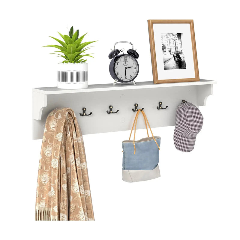 Wall Hooks with Shelf 31.5inch Wooden Coat Rack with 6 Hooks for Hats Towels Purses Robes by DirectDeals