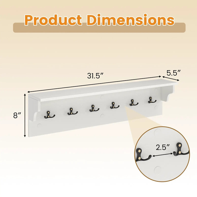 Wall Hooks with Shelf 31.5inch Wooden Coat Rack with 6 Hooks for Hats Towels Purses Robes by DirectDeals