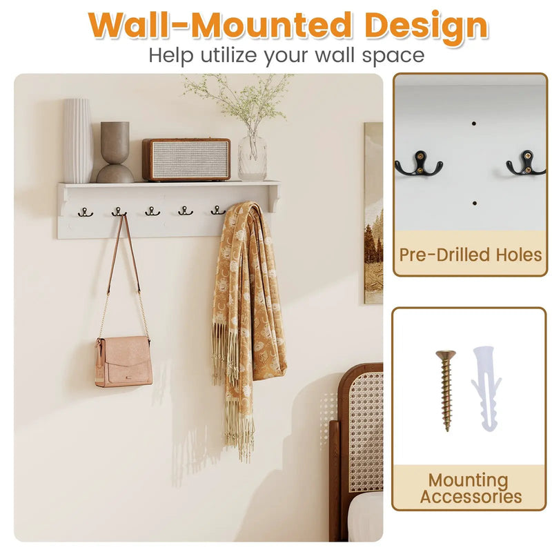 Wall Hooks with Shelf 31.5inch Wooden Coat Rack with 6 Hooks for Hats Towels Purses Robes by DirectDeals