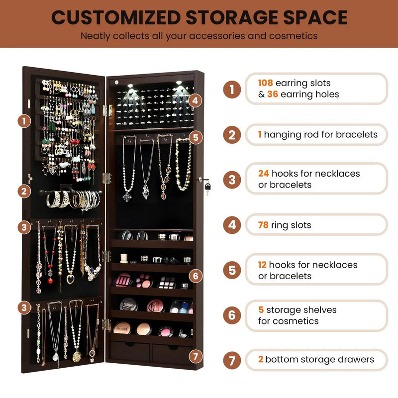 Lockable Wall Mount Mirrored Jewelry Cabinet with LED Lights by DirectDeals