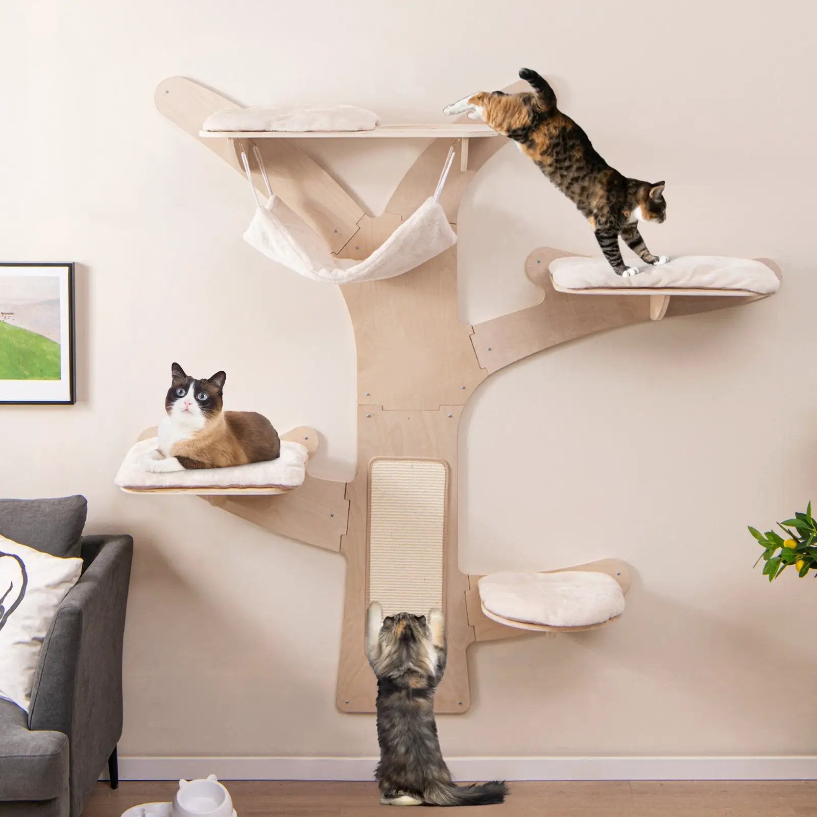 Wall-Mounted Cat Tower with Hammock Platforms and Sisal Scratching Mat-Natural by DirectDeals