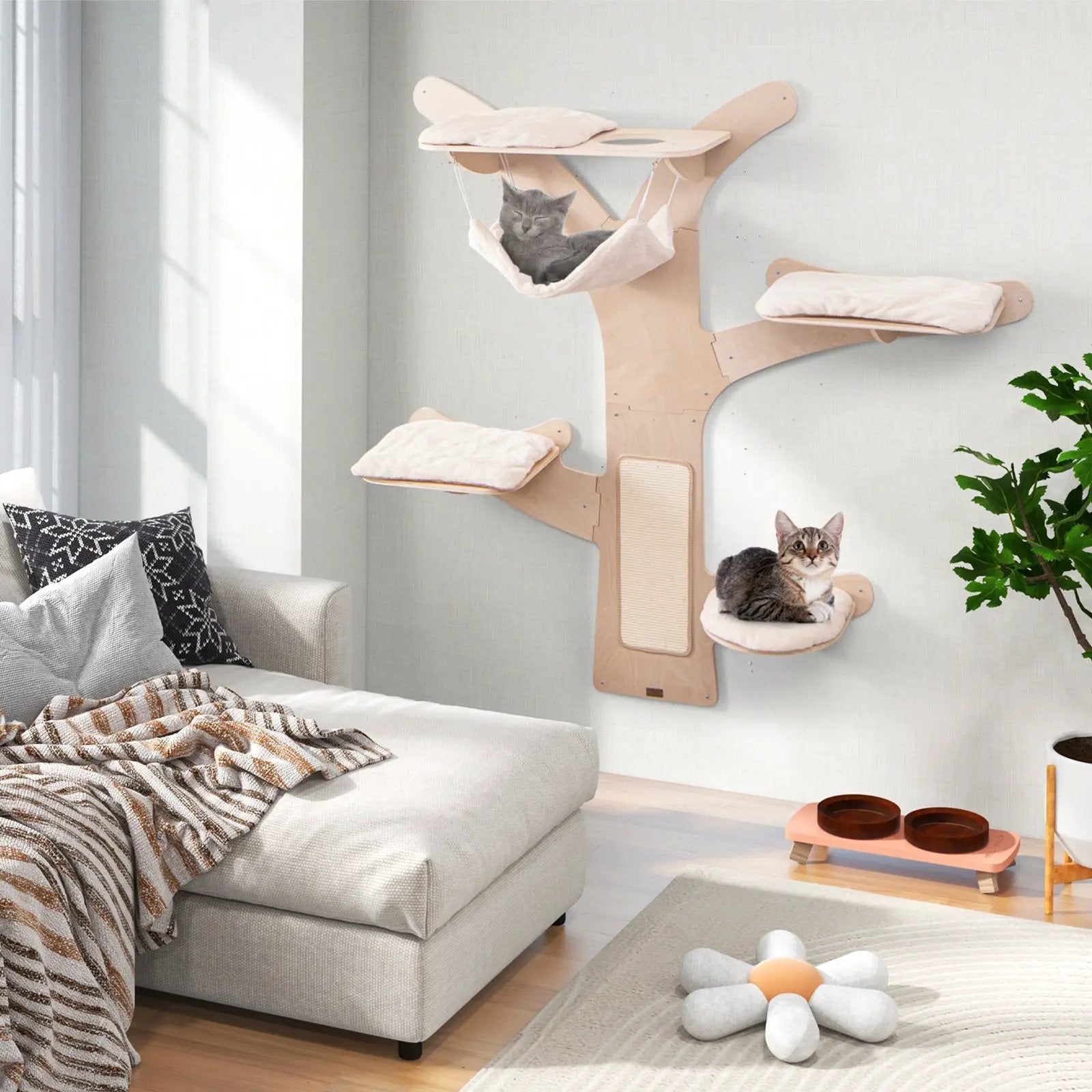 Wall-Mounted Cat Tower with Hammock Platforms and Sisal Scratching Mat-Natural by DirectDeals
