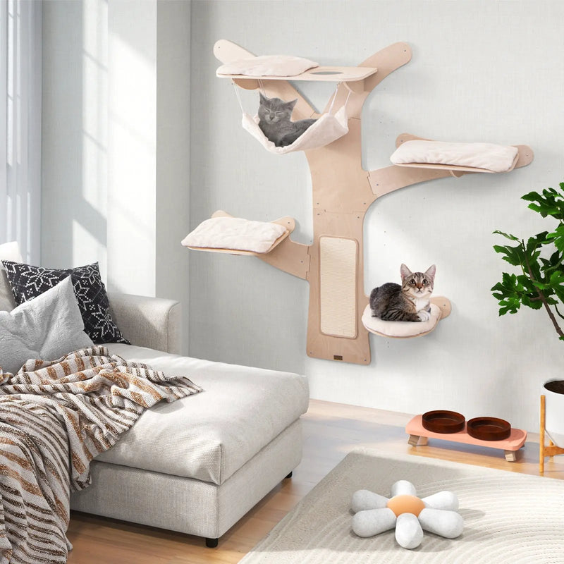 Wall-Mounted Cat Tower with Hammock Platforms and Sisal Scratching Mat-Natural by DirectDeals