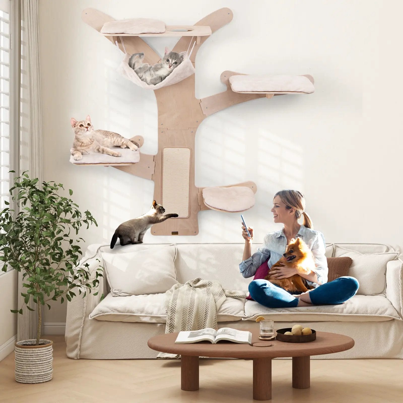 Wall-Mounted Cat Tower with Hammock Platforms and Sisal Scratching Mat-Natural by DirectDeals