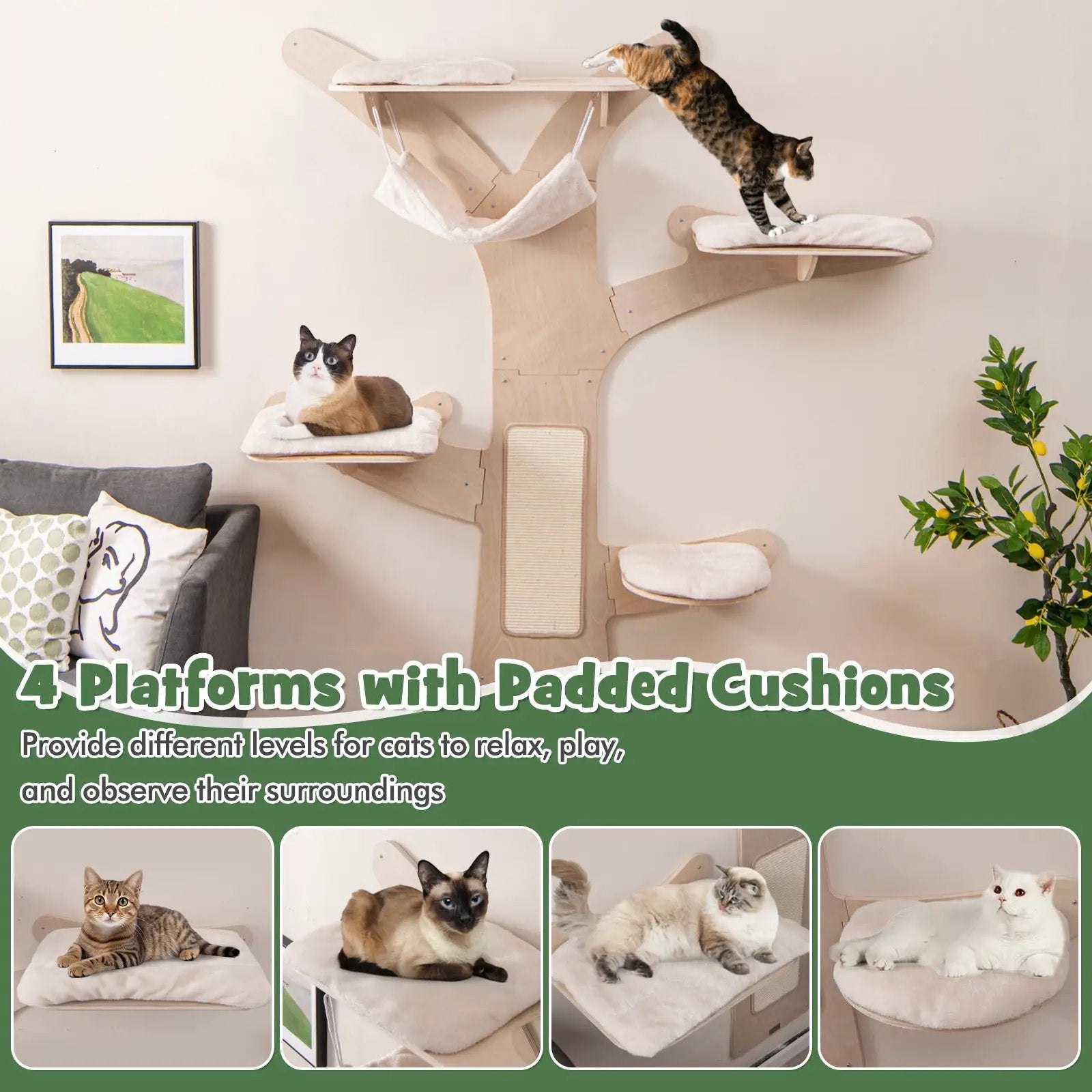 Wall-Mounted Cat Tower with Hammock Platforms and Sisal Scratching Mat-Natural by DirectDeals