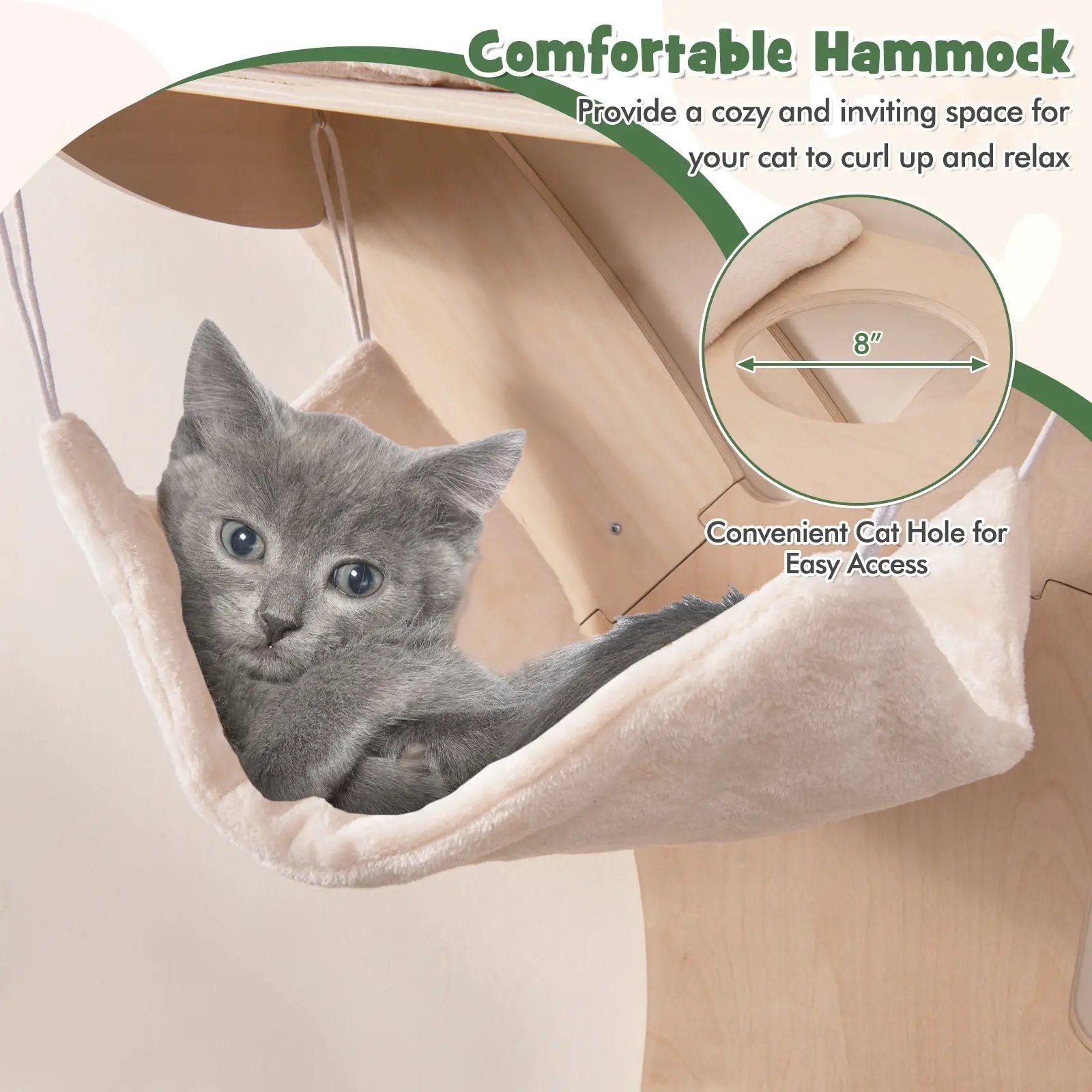 Wall-Mounted Cat Tower with Hammock Platforms and Sisal Scratching Mat-Natural by DirectDeals