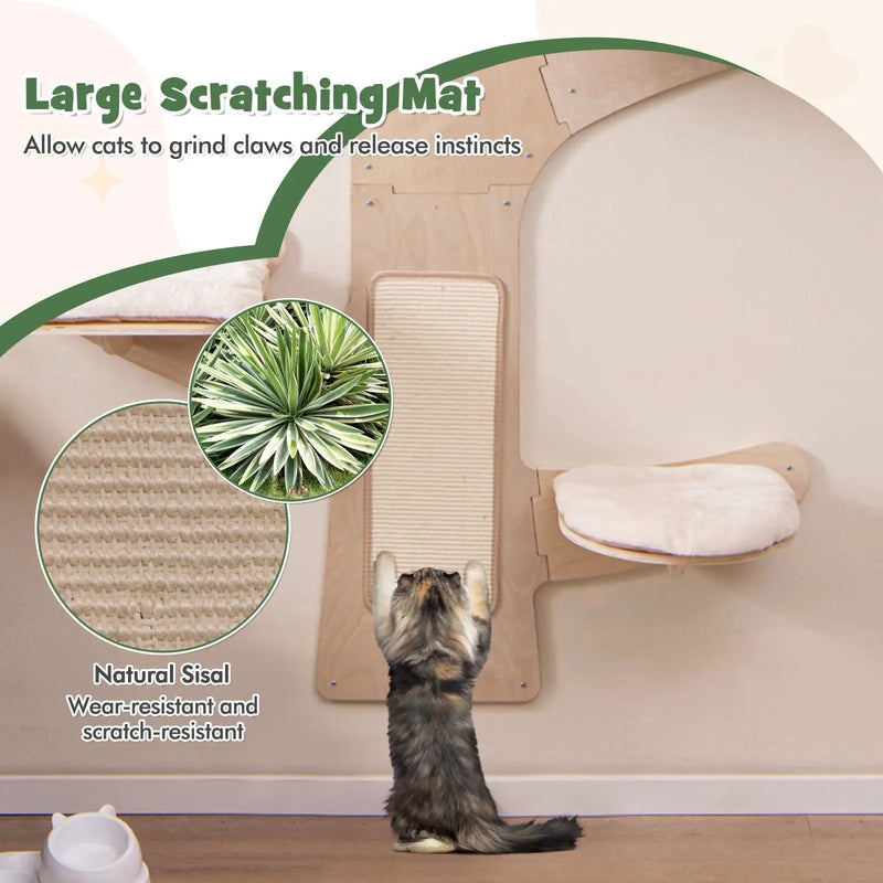 Wall-Mounted Cat Tower with Hammock Platforms and Sisal Scratching Mat-Natural by DirectDeals