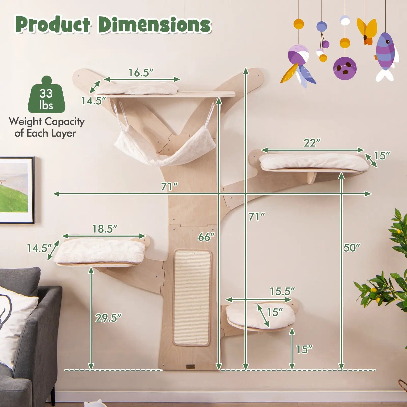 Wall-Mounted Cat Tower with Hammock Platforms and Sisal Scratching Mat-Natural by DirectDeals
