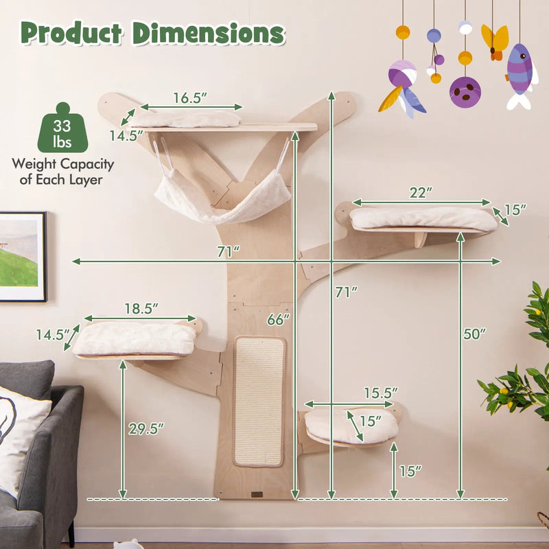 Wall-Mounted Cat Tower with Hammock Platforms and Sisal Scratching Mat-Natural by DirectDeals