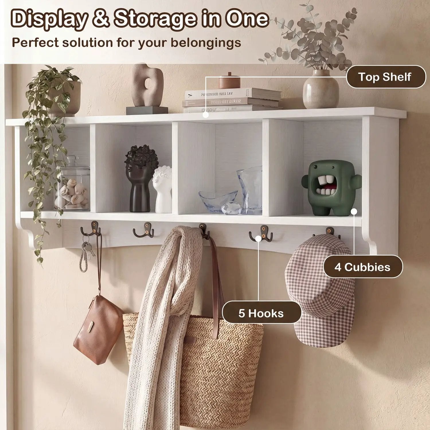 Wall-Mounted Coat Rack with 4 Cubbies and 5 Double Hooks by DirectDeals