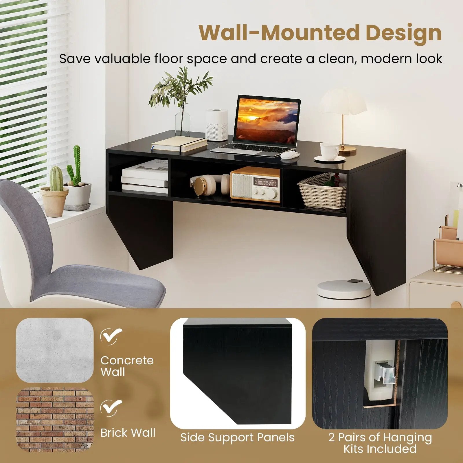 Wall-Mounted Computer Desk Floating Laptop Desk with 3 Storage Compartments by DirectDeals