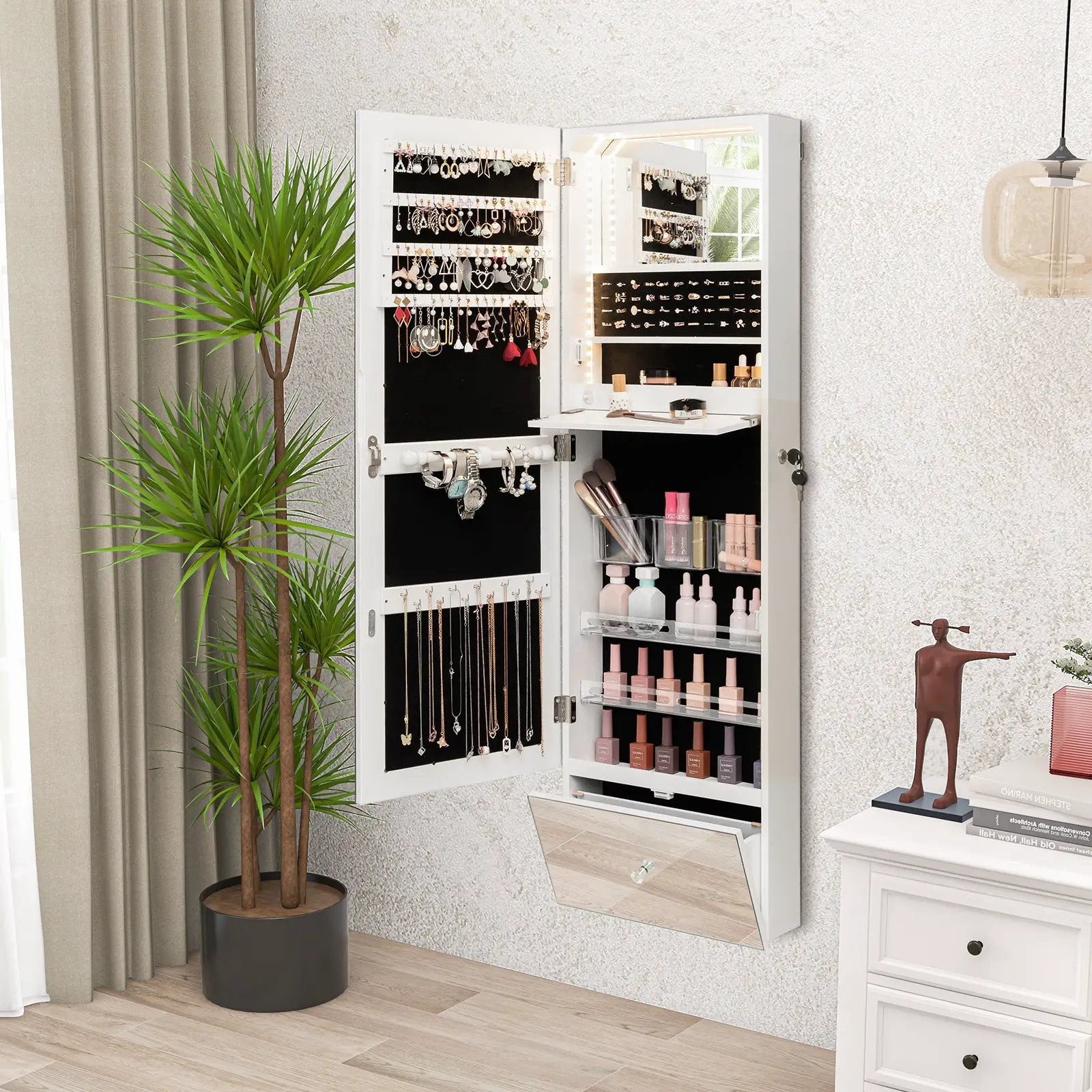 Wall Mounted Jewelry Armoire Organizer with Full-Length Frameless Mirror-White by DirectDeals