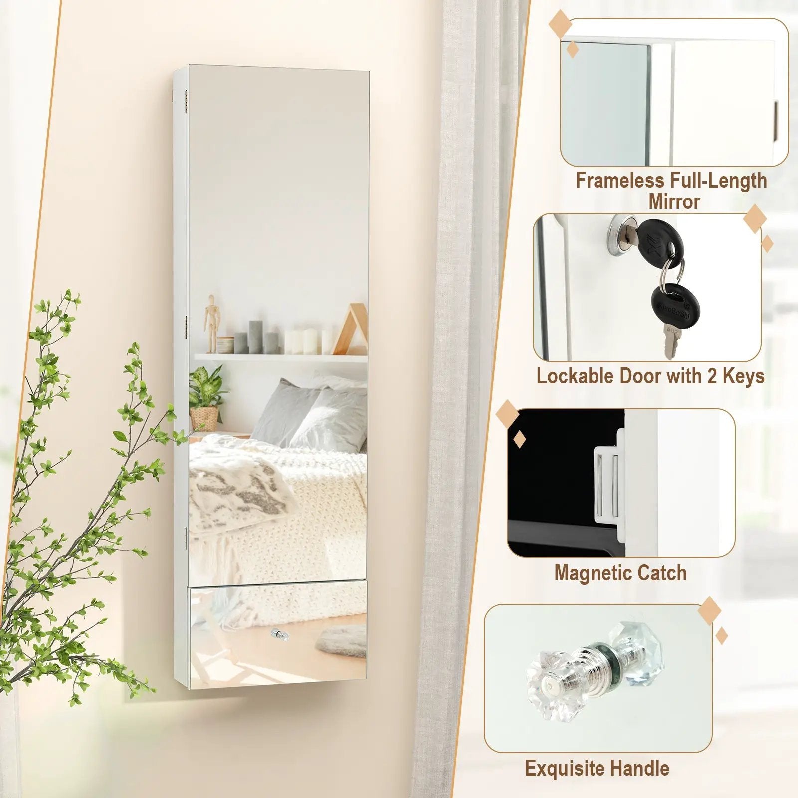 Wall Mounted Jewelry Armoire Organizer with Full-Length Frameless Mirror-White by DirectDeals