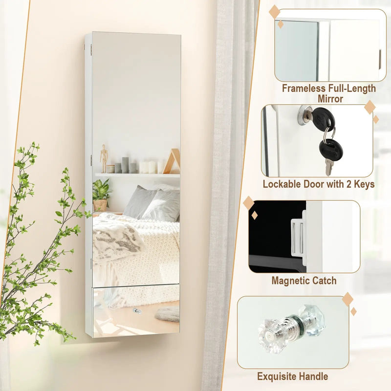 Wall Mounted Jewelry Armoire Organizer with Full-Length Frameless Mirror-White by DirectDeals