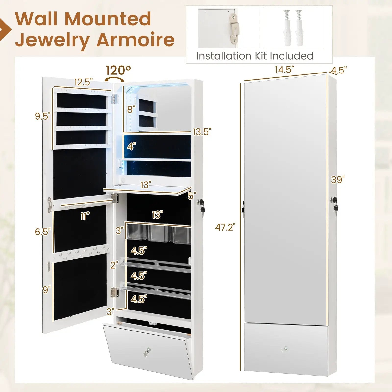 Wall Mounted Jewelry Armoire Organizer with Full-Length Frameless Mirror-White by DirectDeals