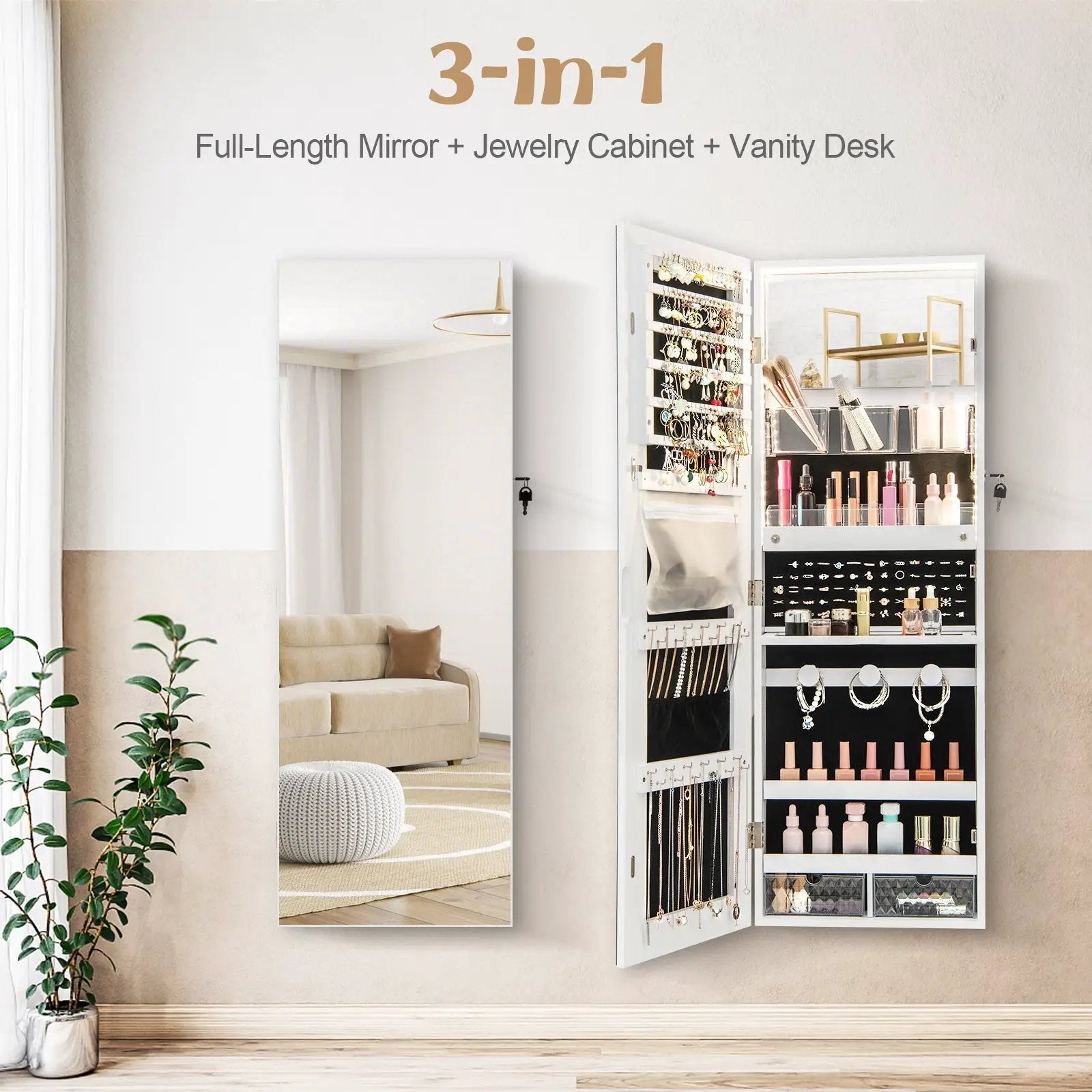 Wall Mounted Jewelry Cabinet with Full-Length Mirror by DirectDeals