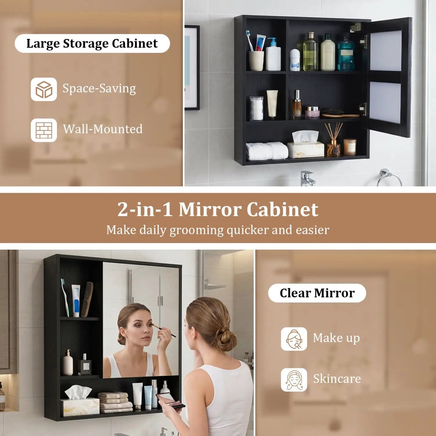 Wall-Mounted Mirror Cabinet with Hidden & Open Storage by DirectDeals