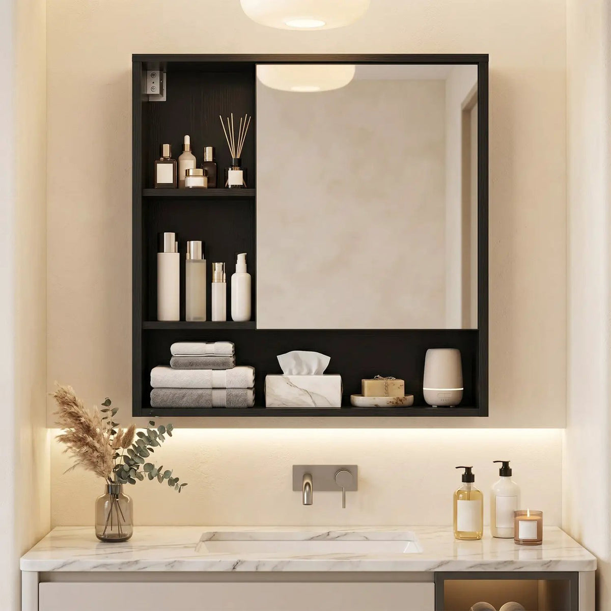 Wall-Mounted Mirror Cabinet with Hidden & Open Storage by DirectDeals